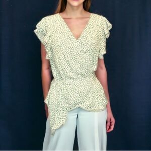 MAX STUDIO Ruffle Sleeve Mock Wrap Belted Top White Floral Print on Green Sz L